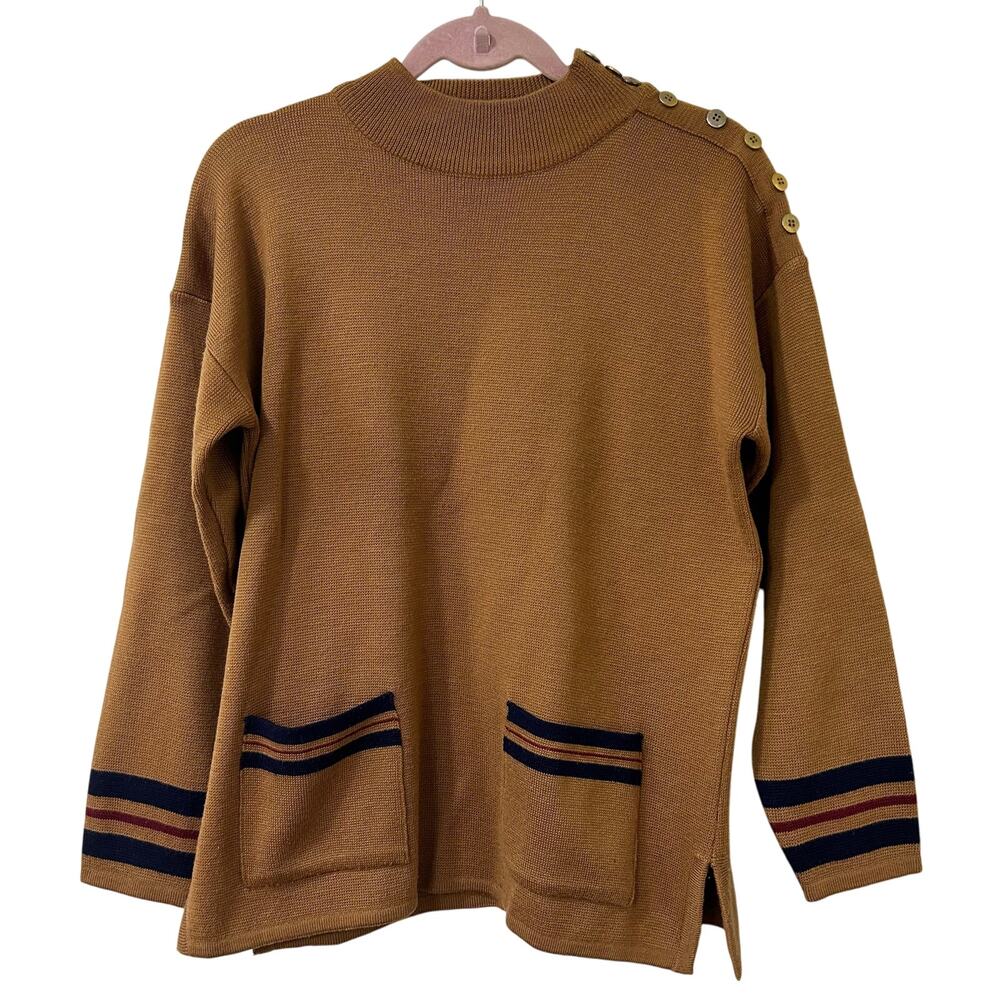Suburbans Vtg Womens Sz Small Tan Wool Blend Mock Neck Sweater Old Money Buttons